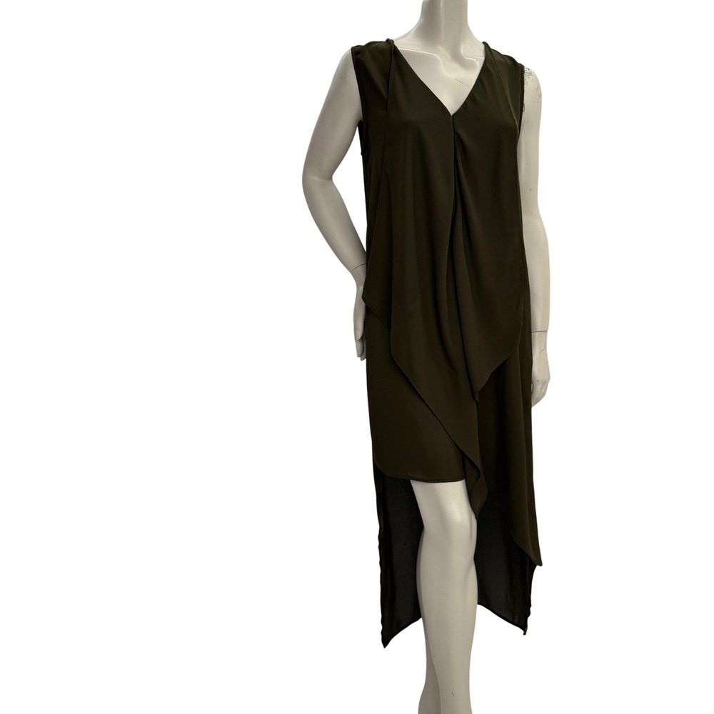 Olive Green High Low Draped V-Neck Top Sheer Dress Large Lagenlook Goblincore - Picture 2 of 10